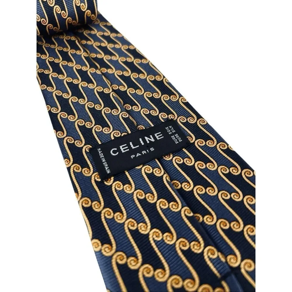 Celine Paris Silk Navy and Gold Patterned Tie